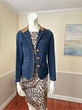 Ralph Lauren Navy Denim Blazer with Brown leather Collar